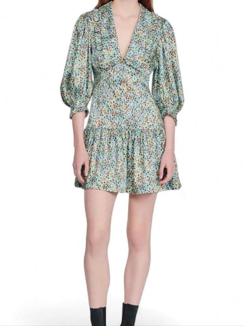 $565 NWT Sandro Women's Green Floral Silk Short Dress Size 40 FR US 8 SFPRO02601